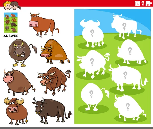 Cartoon Illustration Match Objects Right Shape Silhouette Bulls Farm Animal — Stock Vector