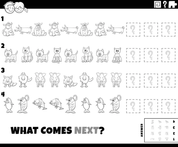 用有趣的动物人物画书页完成儿童模式化教育游戏的黑白卡通画 — 图库矢量图片