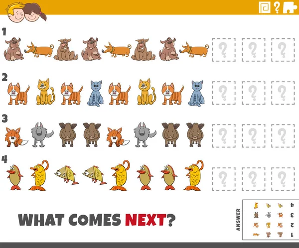 为具有滑稽动物特征的儿童完成模式教育游戏的卡通画 — 图库矢量图片