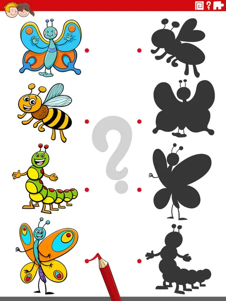 Cartoon Illustration Match Right Shadows Pictures Educational Task Kids Insect — Stock Vector