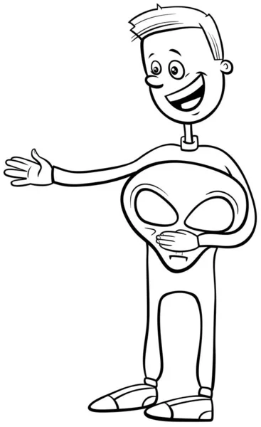 Black White Cartoon Illustration Kid Boy Alien Costume Halloween Party — 스톡 벡터