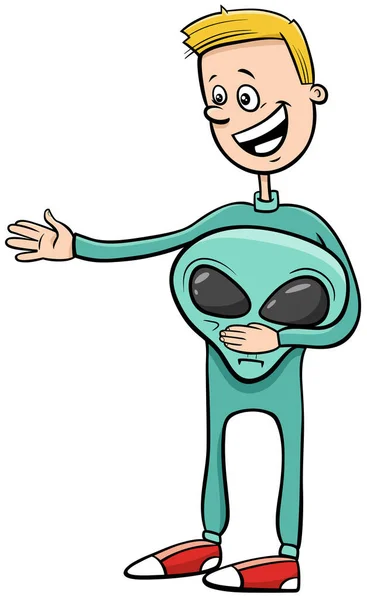 Cartoon Illustration Kid Boy Alien Costume Halloween Party Masked Ball - Stok Vektor