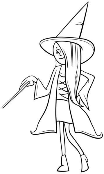 Illustration Noir Blanc Fille Costume Sorcière Fête Halloween Page Coloriage — Image vectorielle