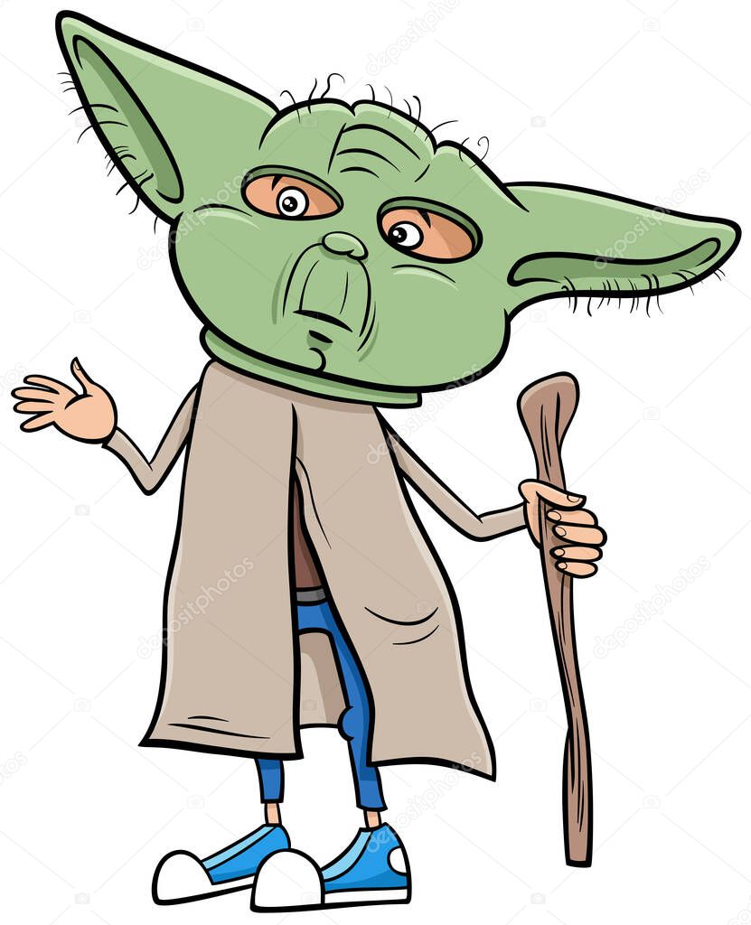 Cartoon Illustration of Kid Boy in Master Yoda Costume at Halloween Party or Masked Ball