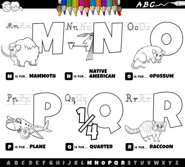 Black and White Cartoon Illustration of Capital Letters Alphabet Educational Set for Reading and Writing Practise for Elementary Age Children from M to R Coloring Book Page clipart
