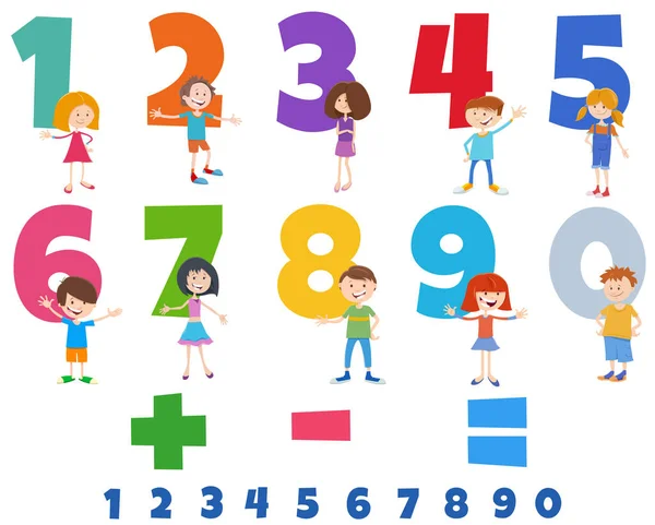 Cartoon Illustration Educational Numbers Set One Nine Happy Children Characters — Stock Vector