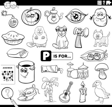 Objeleri ve Çizgi Roman Karakterleri Boyama Sayfası İçin P Harfi Eğitim Görev Çalışma Tablosu ile başlayan Siyah ve Beyaz Resim Bulma Çizgi Filmi