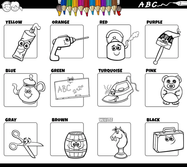 Desenhos Animados Preto Branco Ilustração Cores Básicas Com Personagens Objetos — Vetor de Stock