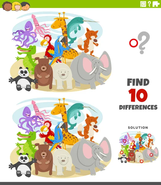 Cartoon Illustration Finding Differences Pictures Educational Game Children Comic Wild - Stok Vektor