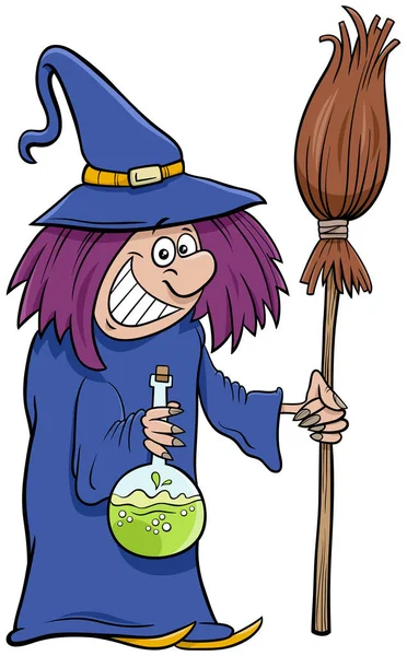Cartoon Illustration Der Lustigen Hexe Mit Besen Halloween Charakter — Stockvektor