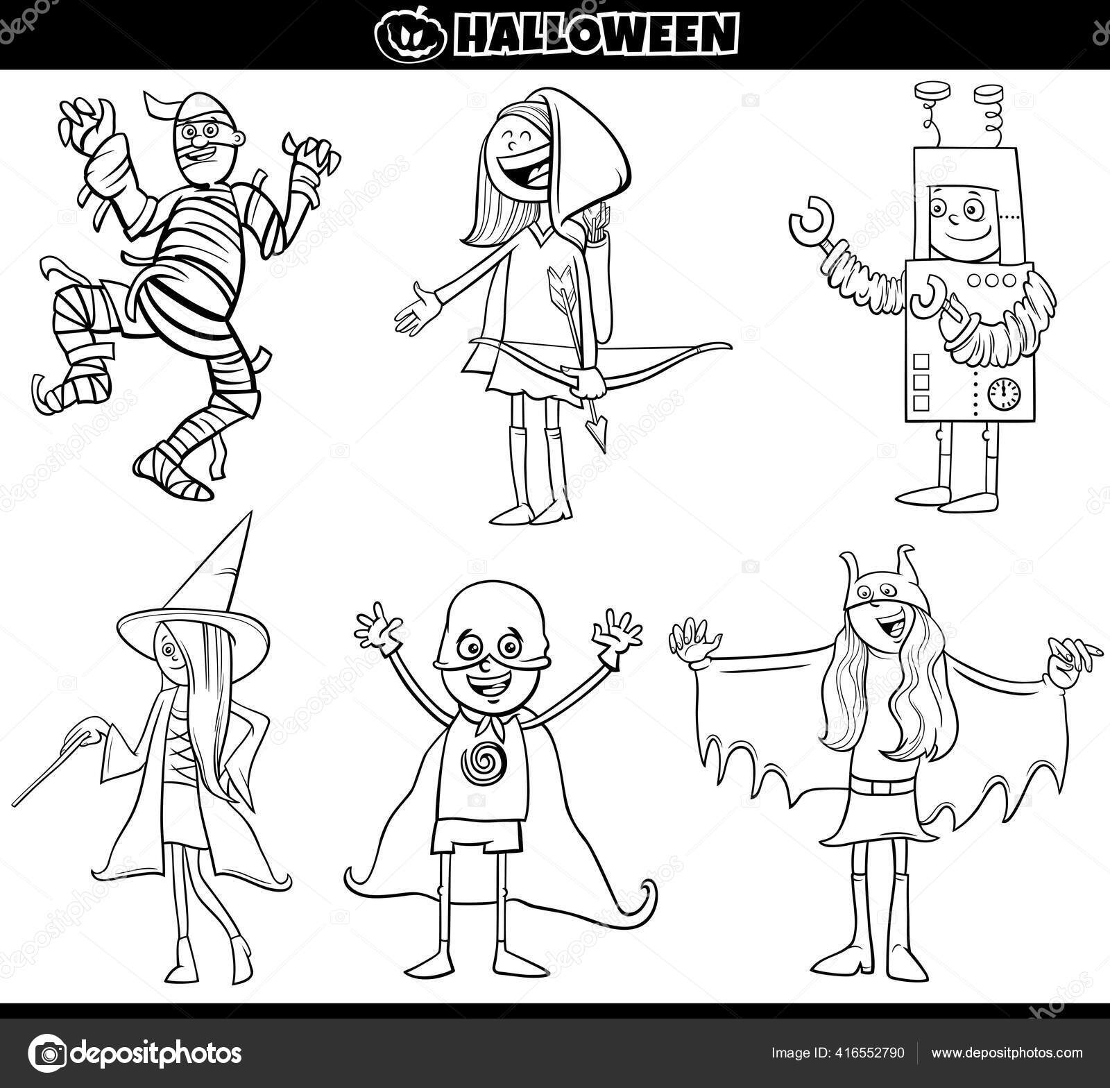 ハロウィンパーティーや仮面舞踏会での子供と十代の衣装の黒と白の漫画イラストぬりえブックページ ストックベクター ©izakowski 416552790, image size:1600x1568