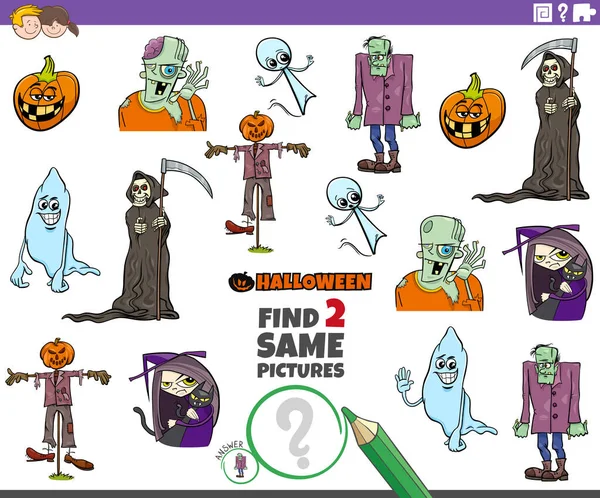 Cartoon Illustration Finding Two Same Pictures Educational Game Children Halloween - Stok Vektor
