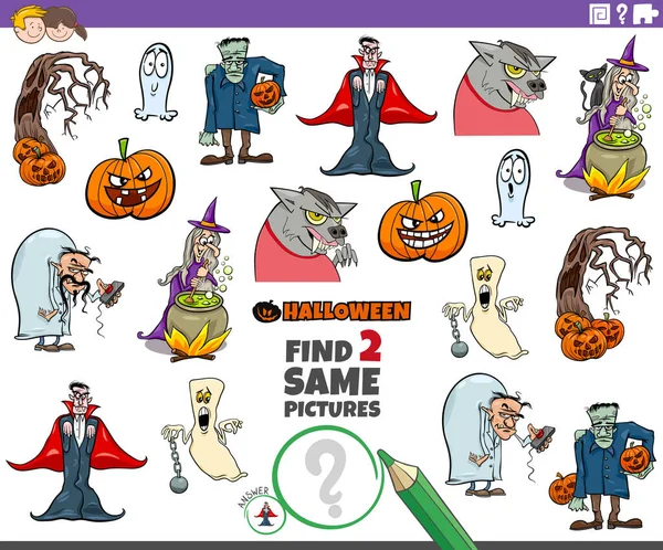 Cartoon Illustration Finding Two Same Pictures Educational Game Kids Halloween - Stok Vektor