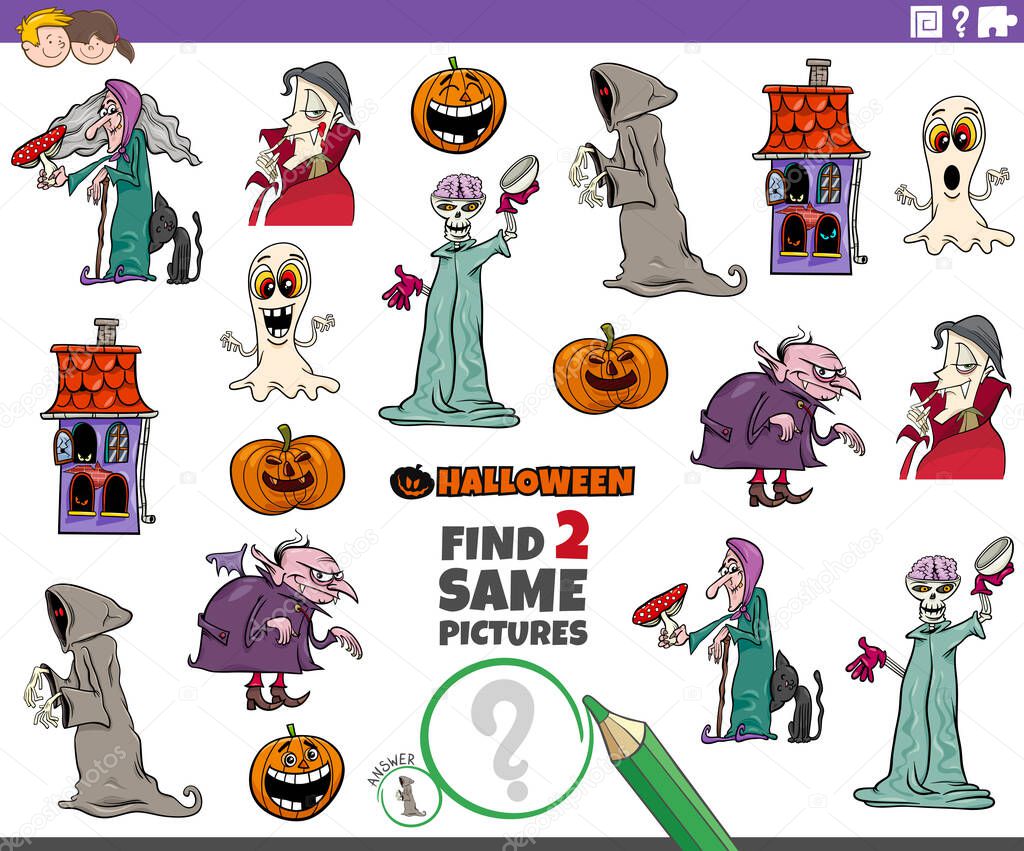 Cartoon Illustration of Finding Two Same Pictures Educational Task for Kids with Halloween Characters