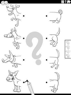 Komik Köpekler ve Hayvan Karakterleri Kitabı Sayfası ile Uyumlu Resimlerin Yarımlarının Eğitimsel Çizimlerinin Siyah ve Beyaz Çizgi Filmi