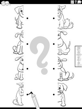 Komik Köpekler ve Hayvan Karakterleri Kitabı Sayfası ile Uyumlu Resimlerin Yarımlarının Eğitimsel Çizimlerinin Siyah ve Beyaz Çizgi Filmi