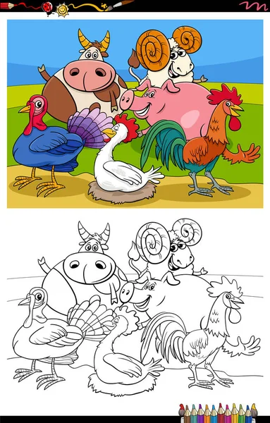 Çiftlik Hayvanları Karakterleri Grubu Renklendirme Kitabı Sayfası Çizgi Filmi — Stok Vektör