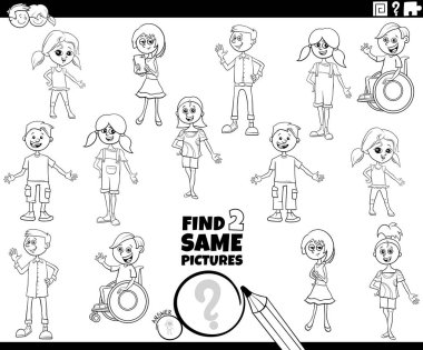 İki Aynı Fotoğrafı Bulmanın Siyah ve Beyaz Çizgi Film Çizimi Çocuk ve Genç Karakterleri Boyama Kitabı Sayfası