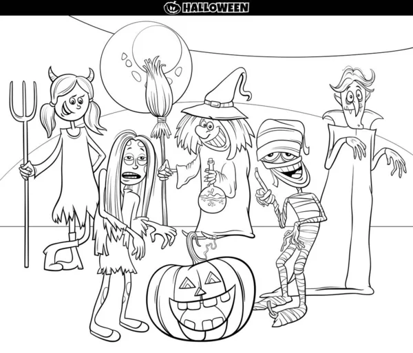 Ασπρόμαυρη Εικονογράφηση Κινουμένων Σχεδίων Της Halloween Holiday Comic Characters Group — Διανυσματικό Αρχείο