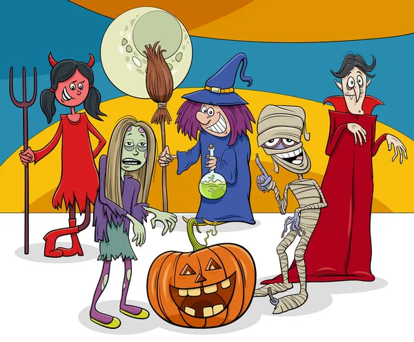 Illustration Bande Dessinée Halloween Holiday Comic Characters Group — Image vectorielle