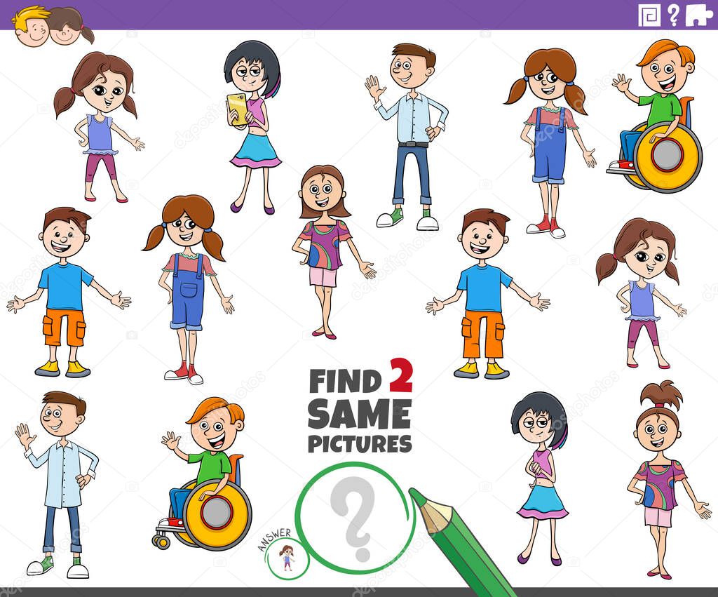 Cartoon Illustration of Finding Two Same Pictures Educational Task with Children and Teen Characters