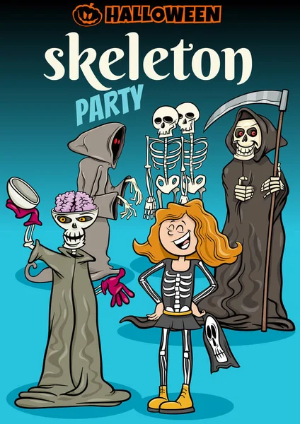 Cadılar Bayramı Skelet Partisi Posteri Veya Davetiye Tasarımı Çizgi Filmi — Stok Vektör