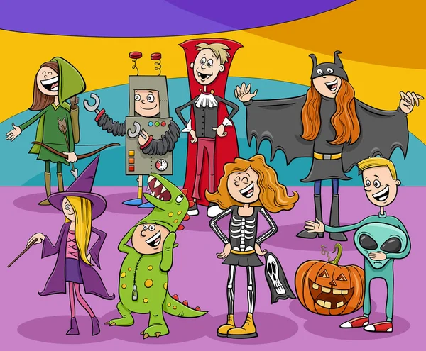 Cartoon Illustration Der Charaktergruppe Bei Der Halloween Party — Stockvektor