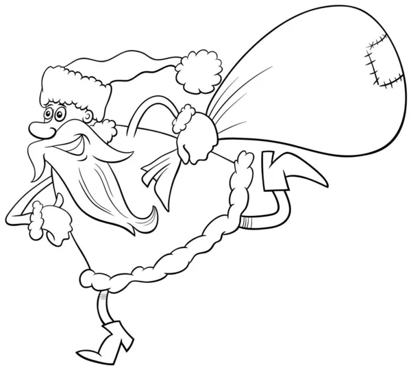 Black White Cartoon Illustration Running Santa Claus Christmas Character Sack — Stock Vector