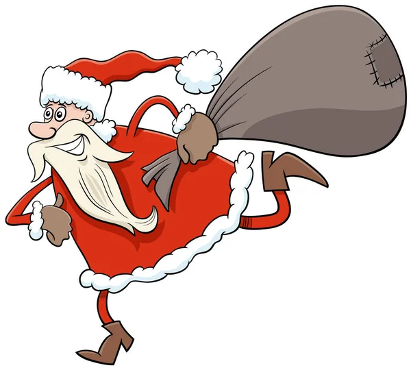 Cartoon Illustration Running Santa Claus Vánoční Postava Pytlem Dárků — Stockový vektor