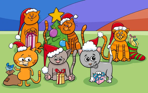 Cartoon Illustration Cats Kittens Animal Characters Group Christmas Time — Stockový vektor