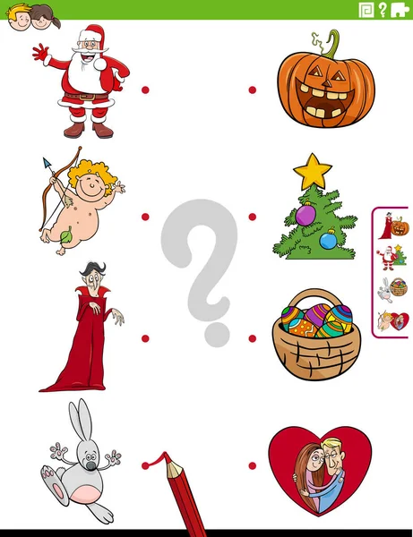 Cartoon Illustration Educational Matching Game Children Holidays Characters Symbols — 스톡 벡터