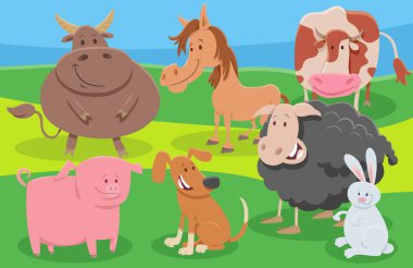 Çayırdaki neşeli çiftlik hayvanı karakterleri grubunun çizgi film çizimi