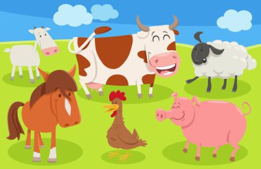 Çayırdaki mutlu çiftlik hayvanı karakterlerinin çizgi film çizimi