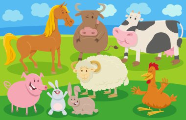 Otlaktaki mutlu çiftlik hayvanı karakterlerinin çizgi film çizimi