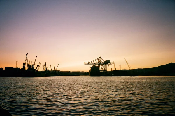 Puerto Novorossiysk Una Puesta Sol Luces — Foto de Stock