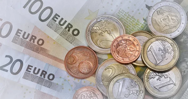 Different Euro Bills Euro Coins Banner — Stock Photo, Image