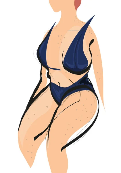 水着にプラスサイズモデルのハイファッション落書き 手描きの曲線モデル 座っている女性の抽象的なフィジック — ストックベクタ