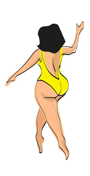 Original Hand Drawin Fashion Size Model Swimsuit Curvy Woman Running — Stock Vector