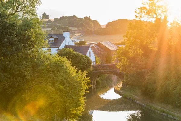 Sunset view flying midges over British rural landscape scene with river near Northampton — Stock Photo, Image