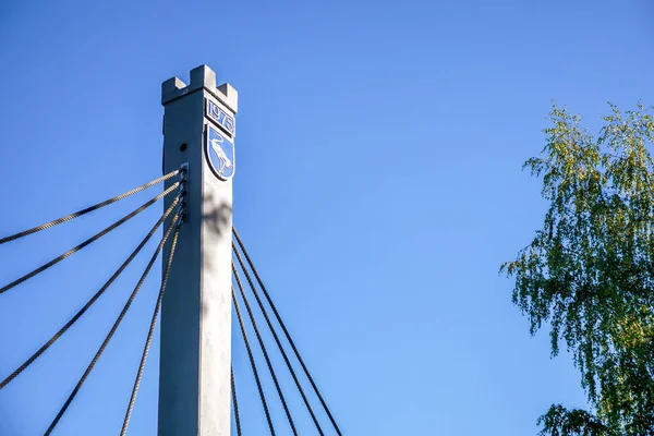 Town memorial emblem of Visaginas Lithuania with stork symbol and foundation year 1975 — Stock Photo, Image