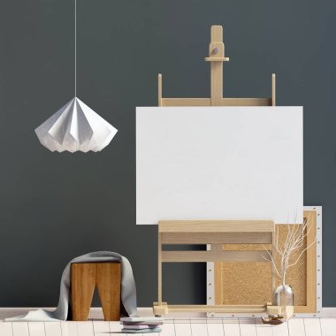 Modern iç mekan tasarımları ile sandalye ve şövale İskandinav tarzında. Poster alay. 3D çizim.