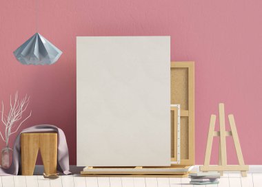 Modern iç mekan tasarımları ile dışkı ve tuval İskandinav tarzında. Poster alay. 3D çizim.
