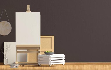 Modern iç mekan tasarımları ile sehpa ve şövale İskandinav tarzında. Duvar kadar alay et. 3D çizim.