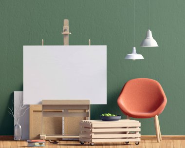 Modern iç mekan tasarımları ile sehpa ve şövale İskandinav tarzında. Poster alay. 3D çizim.