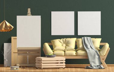 Modern iç mekan tasarımları ile kanepe ve şövale İskandinav tarzında. Poster alay. 3D çizim.