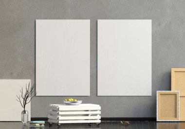 Sehpa ve tuval ile İskandinav tarzında modern iç mekan tasarımları. Poster alay. 3D çizim.