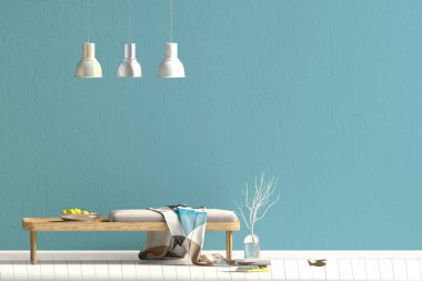 Modern iç mekan tasarımları ile tezgah İskandinav tarzında. Duvar kadar alay et. 3D çizim.