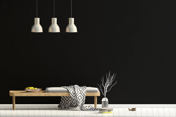 Modern interior design in Scandinavian style with bench. Mock up wall. 3D illustration.