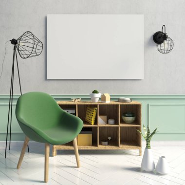 Modern iç, İskandinav tarzı. 3D çizim. Poster kadar sahte