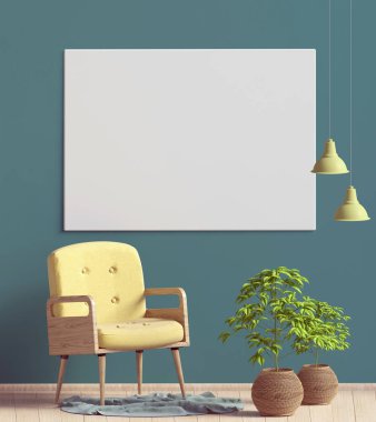 Poster ve sandalye ile modern iç. Poster kadar sahte. 3D çizim.